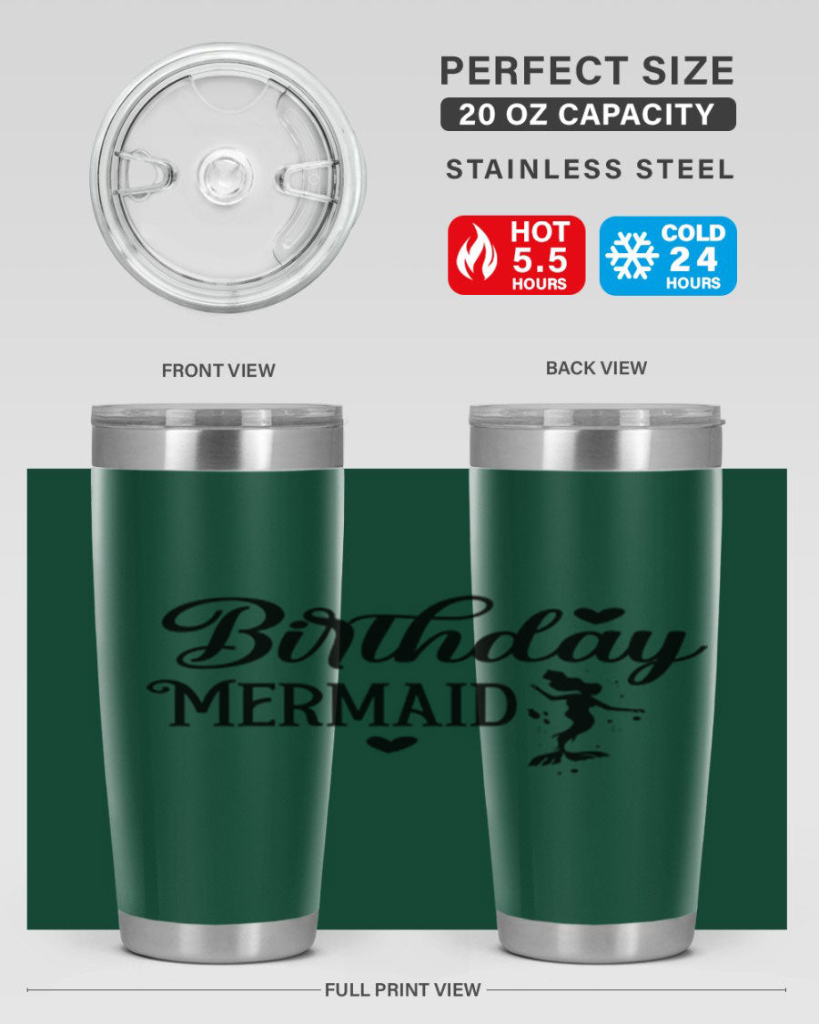 Birthday Mermaid 72# Tumbler featuring vibrant mermaid design, double wall vacuum insulation, and stainless steel construction.