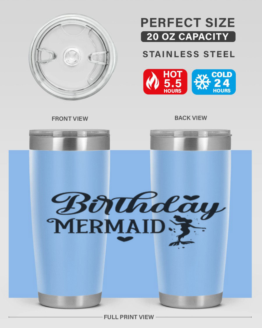 Birthday Mermaid 72# Tumbler featuring vibrant mermaid design, double wall vacuum insulation, and stainless steel construction.