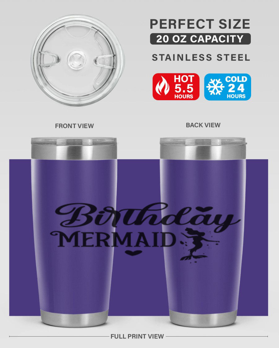 Birthday Mermaid 72# Tumbler featuring vibrant mermaid design, double wall vacuum insulation, and stainless steel construction.