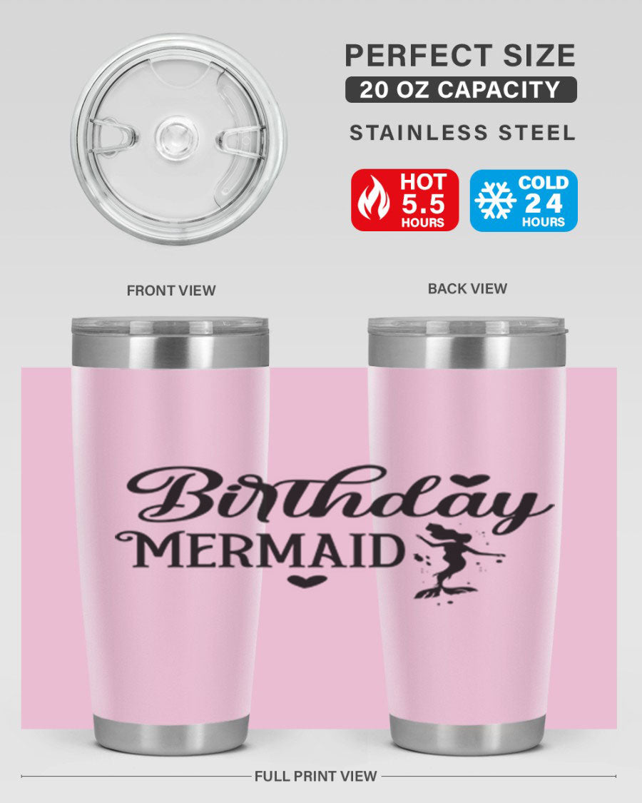 Birthday Mermaid 72# Tumbler featuring vibrant mermaid design, double wall vacuum insulation, and stainless steel construction.