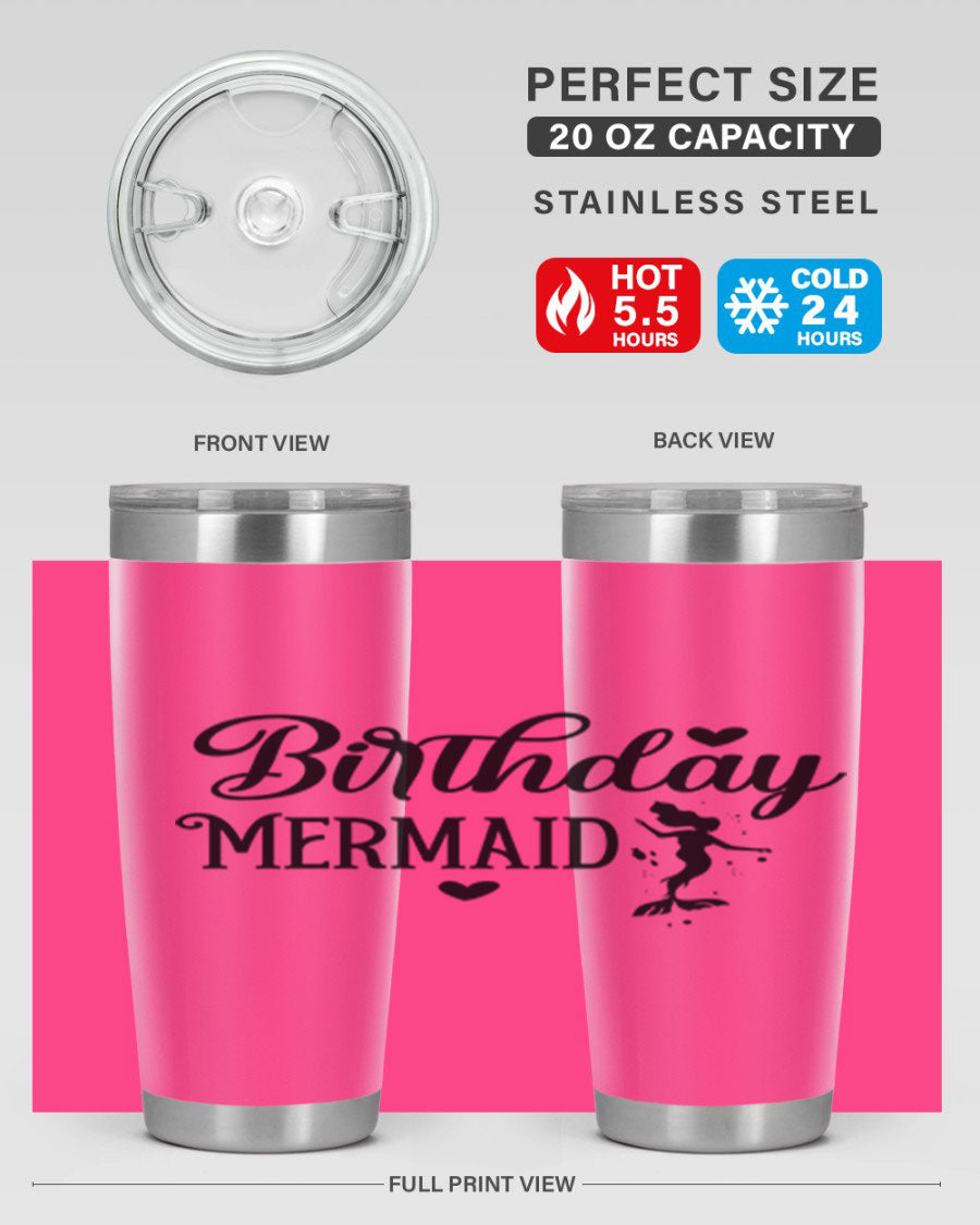 Birthday Mermaid 72# Tumbler featuring vibrant mermaid design, double wall vacuum insulation, and stainless steel construction.