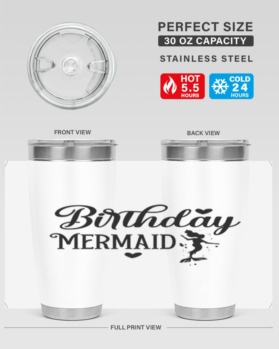 Birthday Mermaid 72# Tumbler featuring vibrant mermaid design, double wall vacuum insulation, and stainless steel construction.