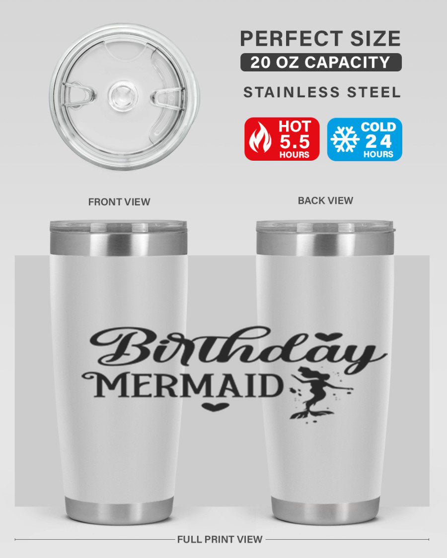 Birthday Mermaid 72# Tumbler featuring vibrant mermaid design, double wall vacuum insulation, and stainless steel construction.