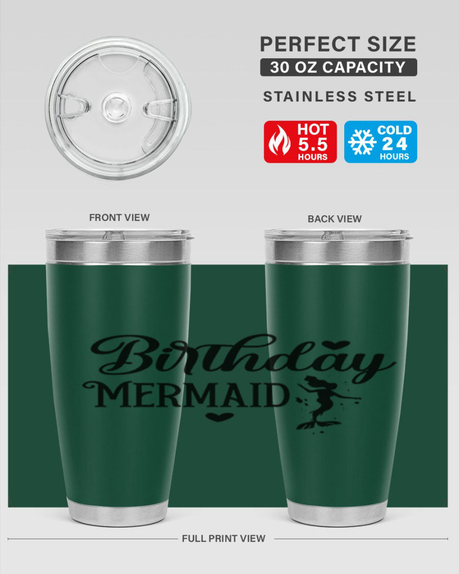 Birthday Mermaid 72# Tumbler featuring vibrant mermaid design, double wall vacuum insulation, and stainless steel construction.