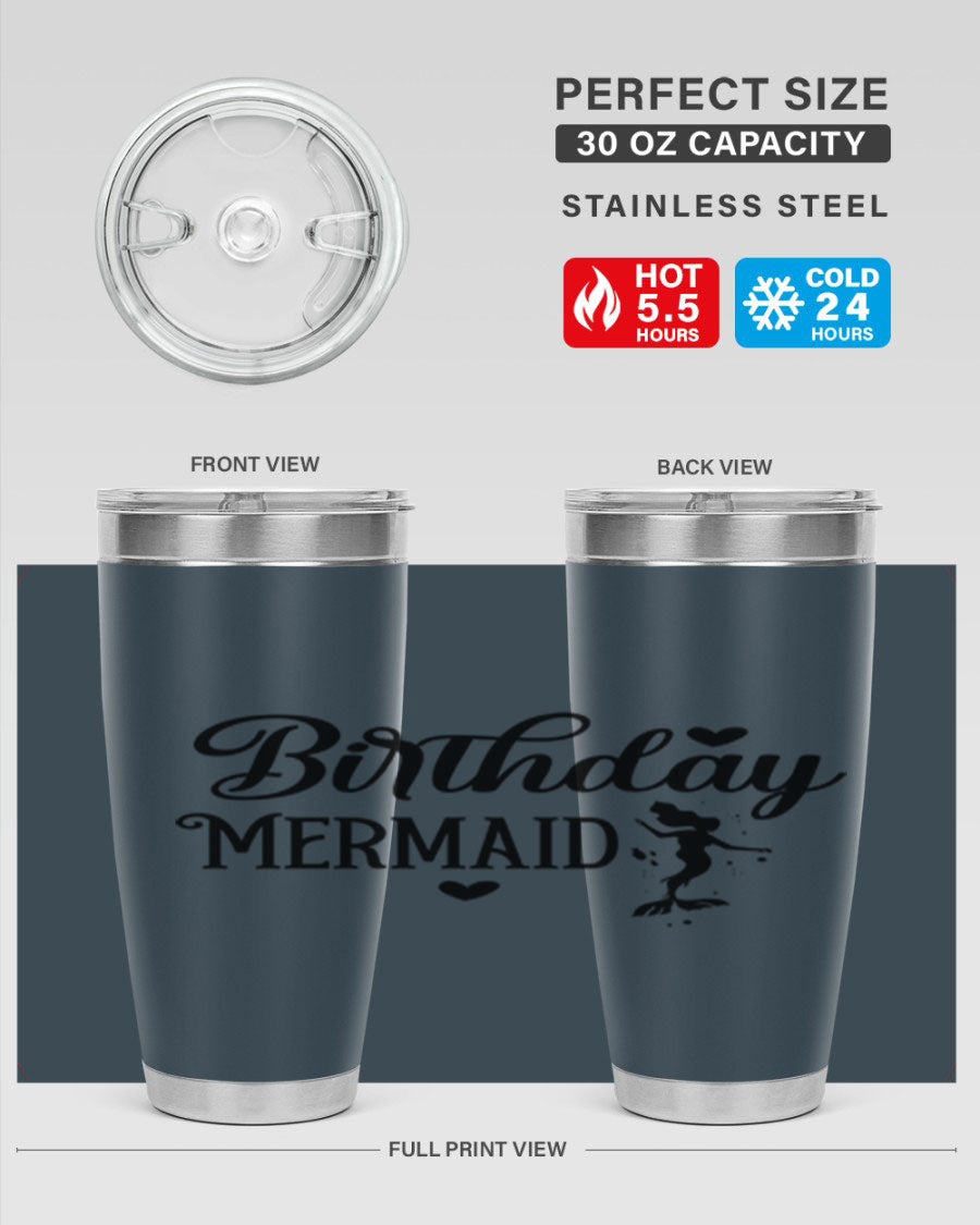 Birthday Mermaid 72# Tumbler featuring vibrant mermaid design, double wall vacuum insulation, and stainless steel construction.