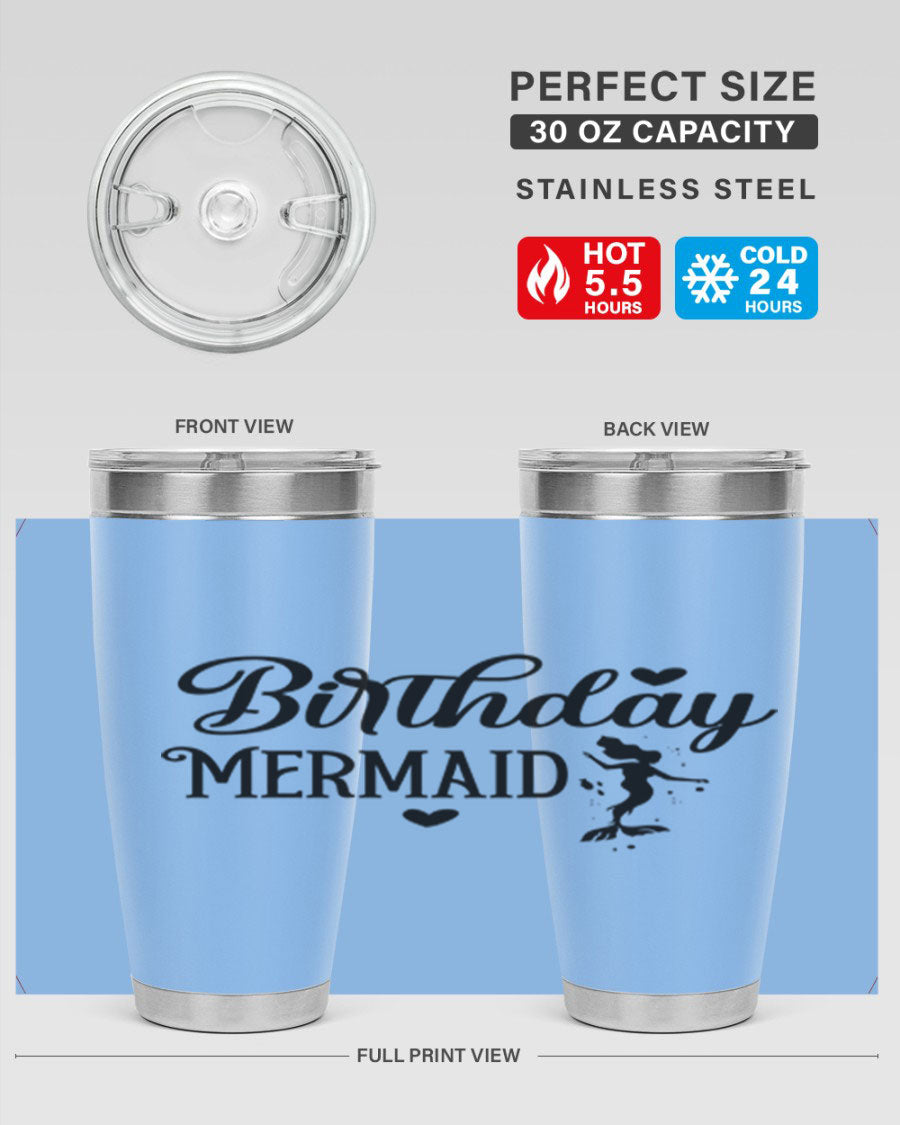 Birthday Mermaid 72# Tumbler featuring vibrant mermaid design, double wall vacuum insulation, and stainless steel construction.