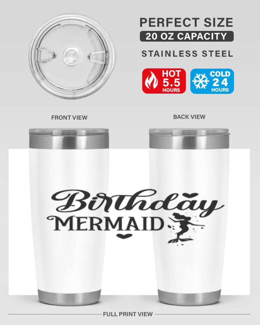 Birthday Mermaid 72# Tumbler featuring vibrant mermaid design, double wall vacuum insulation, and stainless steel construction.