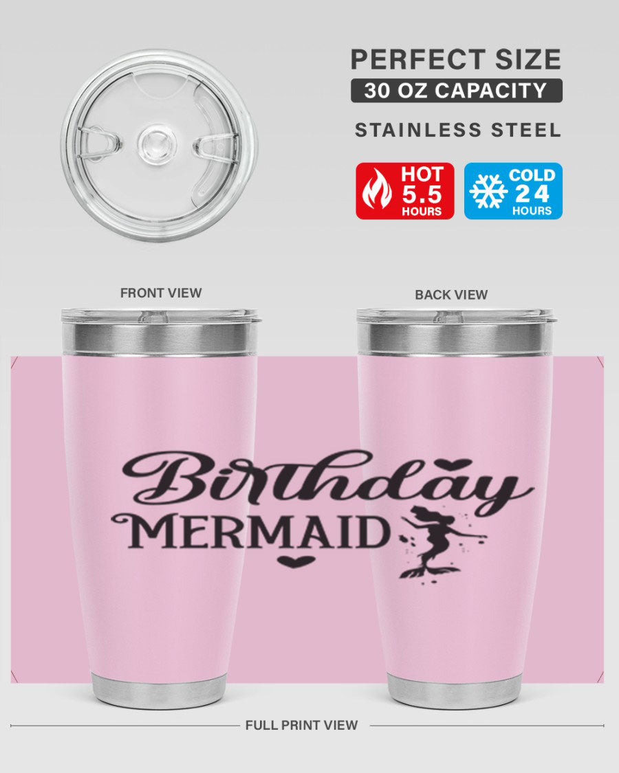 Birthday Mermaid 72# Tumbler featuring vibrant mermaid design, double wall vacuum insulation, and stainless steel construction.