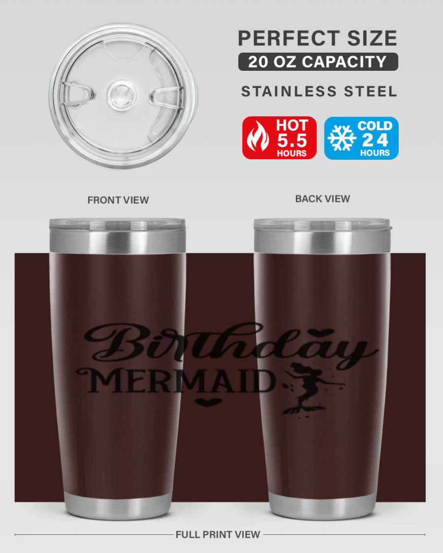 Birthday Mermaid 72# Tumbler featuring vibrant mermaid design, double wall vacuum insulation, and stainless steel construction.