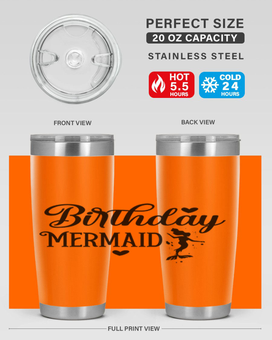 Birthday Mermaid 72# Tumbler featuring vibrant mermaid design, double wall vacuum insulation, and stainless steel construction.