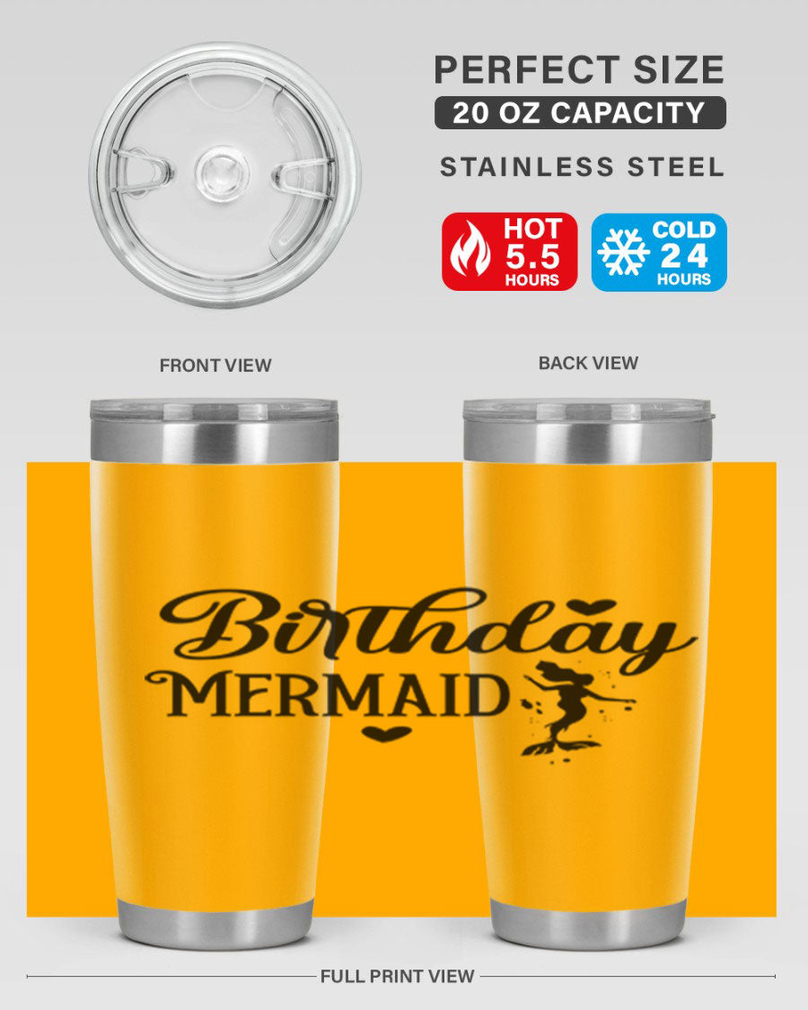 Birthday Mermaid 72# Tumbler featuring vibrant mermaid design, double wall vacuum insulation, and stainless steel construction.