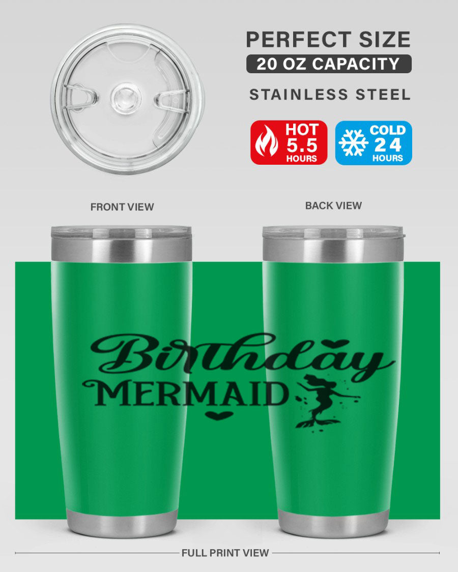 Birthday Mermaid 72# Tumbler featuring vibrant mermaid design, double wall vacuum insulation, and stainless steel construction.