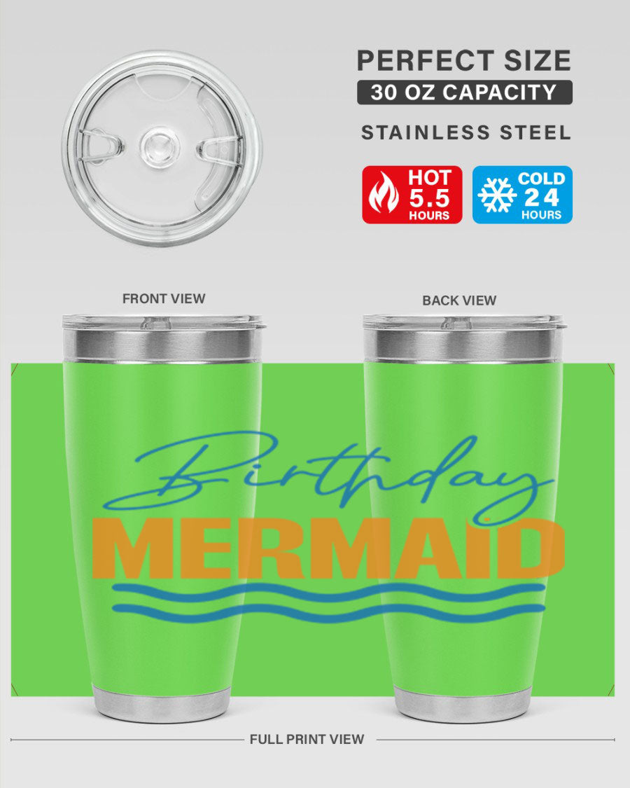 Birthday Mermaid 73# Tumbler featuring vibrant design, double wall vacuum insulation, and stainless steel construction.