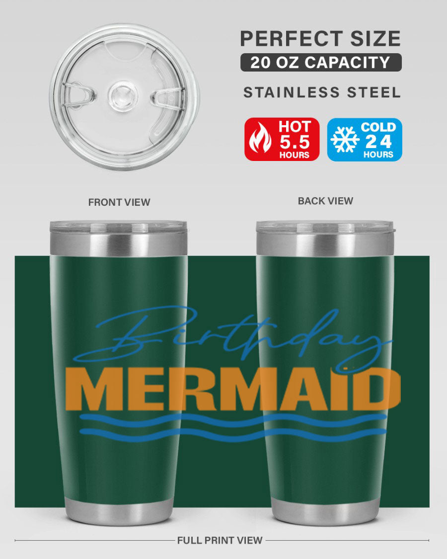 Birthday Mermaid 73# Tumbler featuring vibrant design, double wall vacuum insulation, and stainless steel construction.