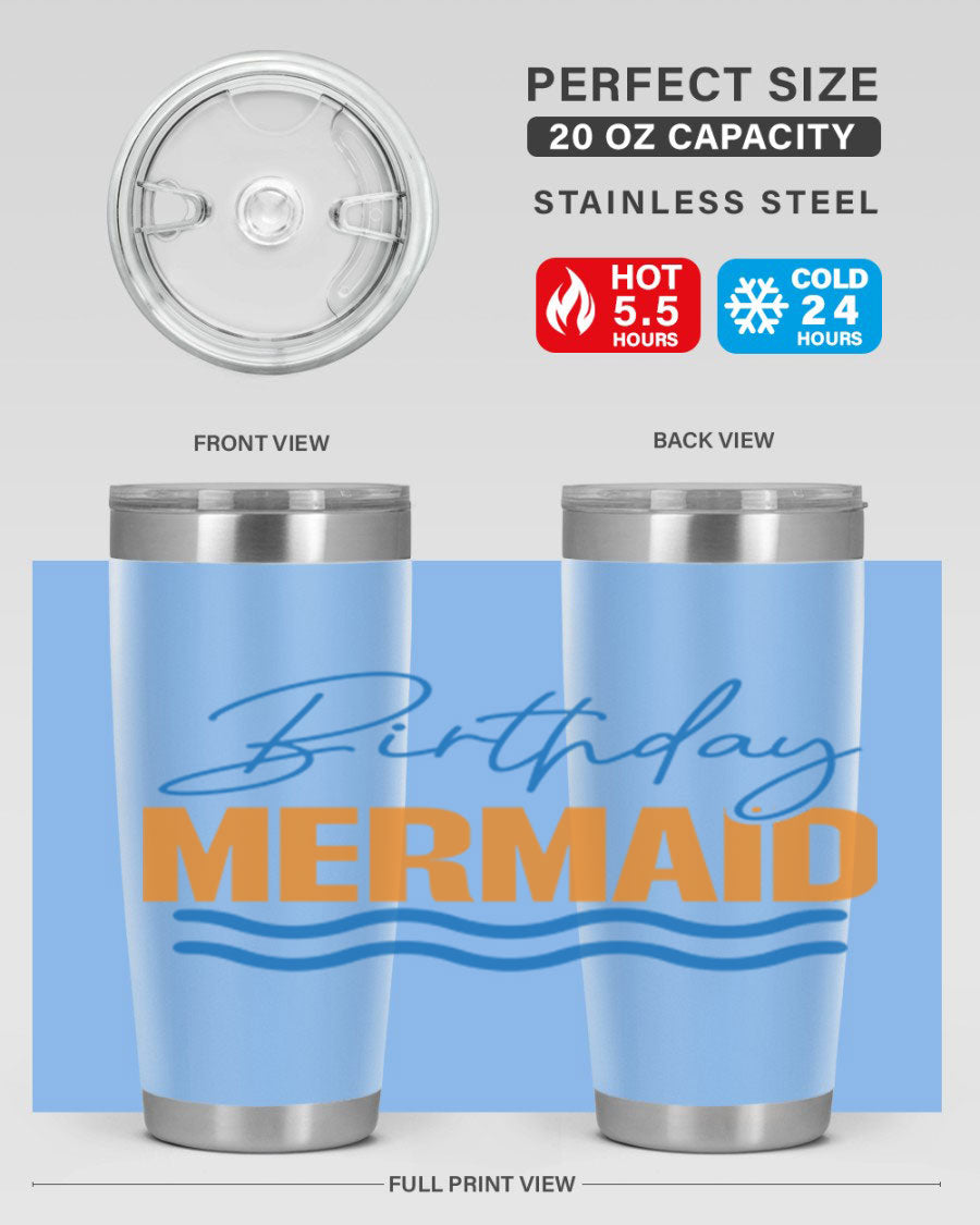 Birthday Mermaid 73# Tumbler featuring vibrant design, double wall vacuum insulation, and stainless steel construction.