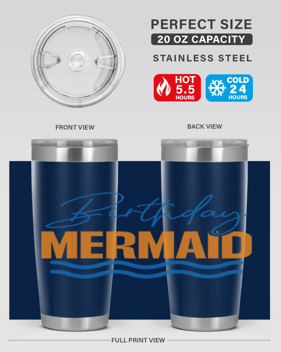 Birthday Mermaid 73# Tumbler featuring vibrant design, double wall vacuum insulation, and stainless steel construction.