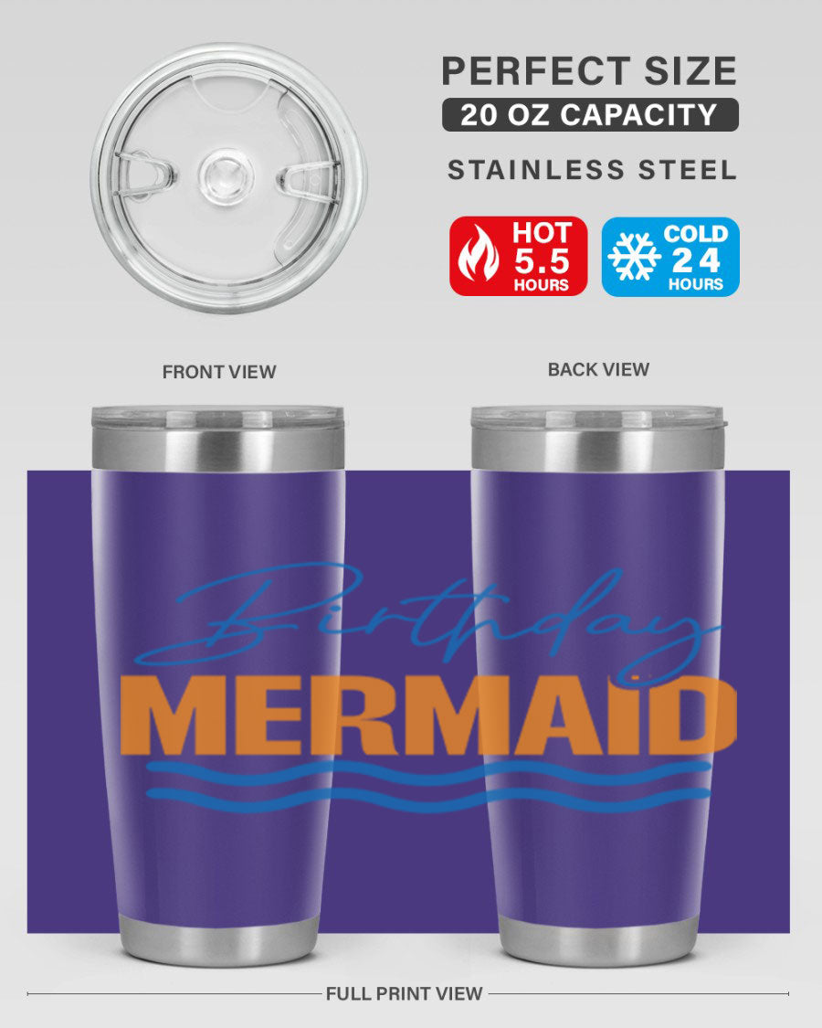 Birthday Mermaid 73# Tumbler featuring vibrant design, double wall vacuum insulation, and stainless steel construction.