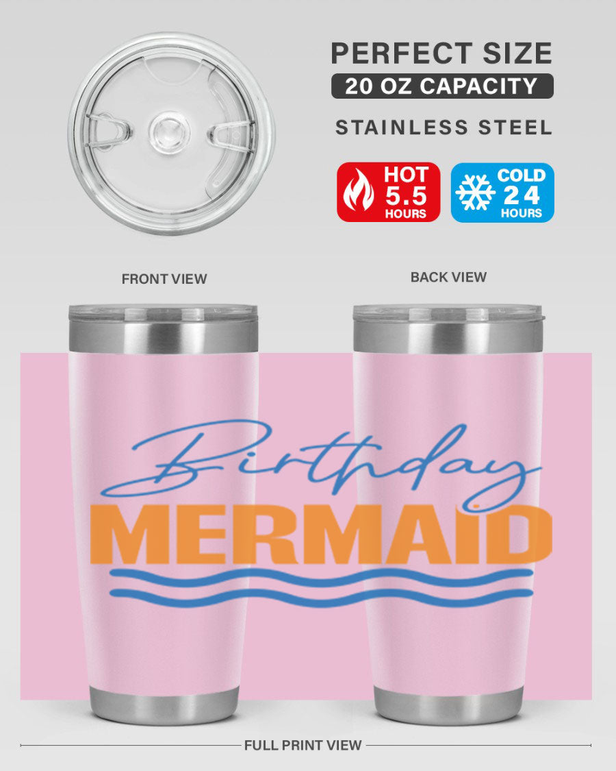 Birthday Mermaid 73# Tumbler featuring vibrant design, double wall vacuum insulation, and stainless steel construction.