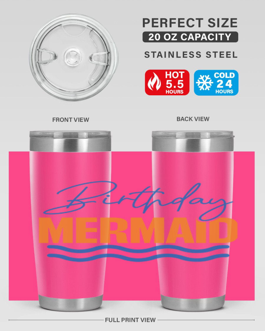 Birthday Mermaid 73# Tumbler featuring vibrant design, double wall vacuum insulation, and stainless steel construction.