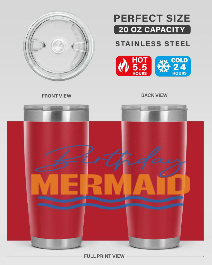 Birthday Mermaid 73# Tumbler featuring vibrant design, double wall vacuum insulation, and stainless steel construction.