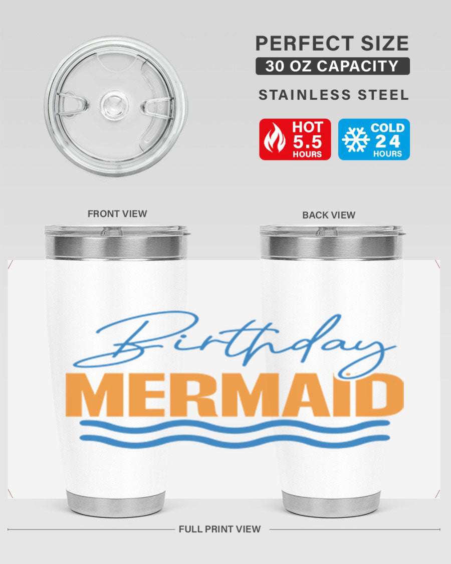 Birthday Mermaid 73# Tumbler featuring vibrant design, double wall vacuum insulation, and stainless steel construction.