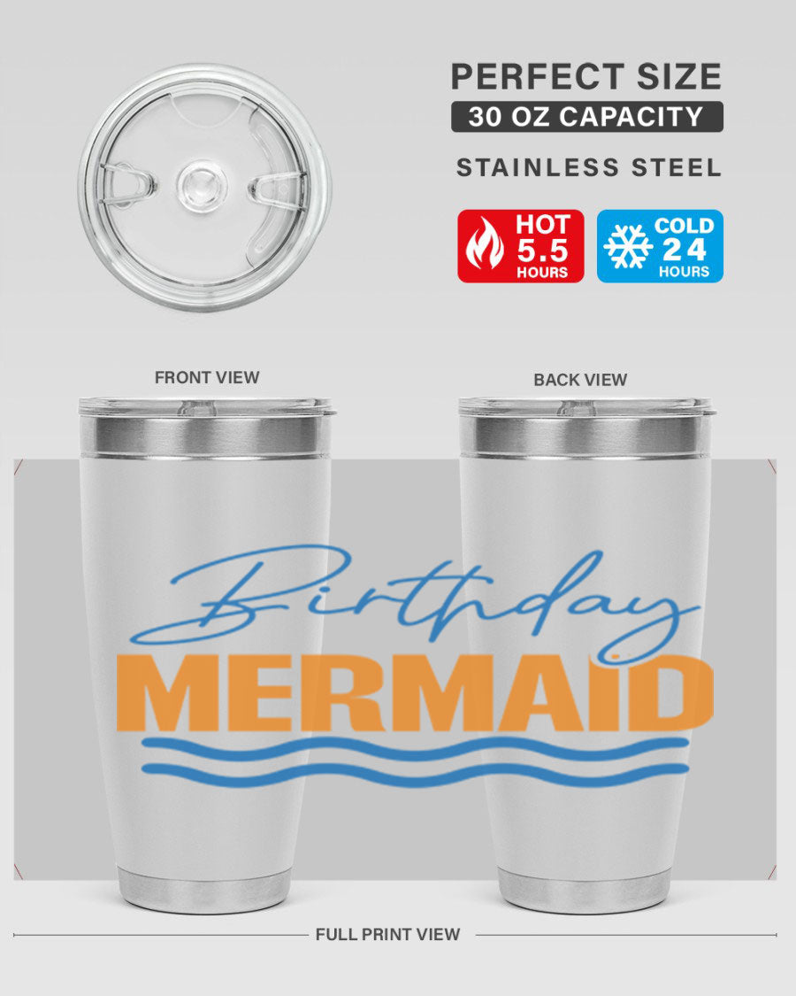 Birthday Mermaid 73# Tumbler featuring vibrant design, double wall vacuum insulation, and stainless steel construction.