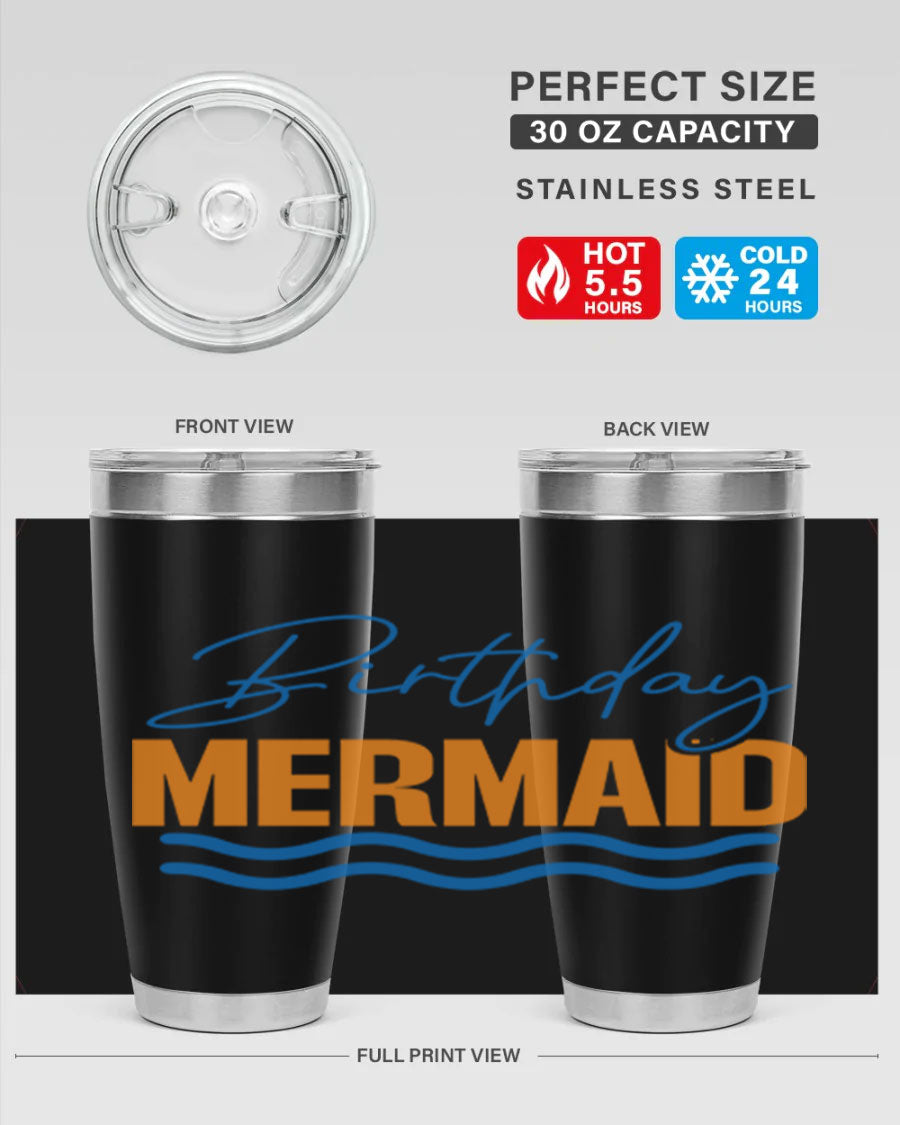 Birthday Mermaid 73# Tumbler featuring vibrant design, double wall vacuum insulation, and stainless steel construction.