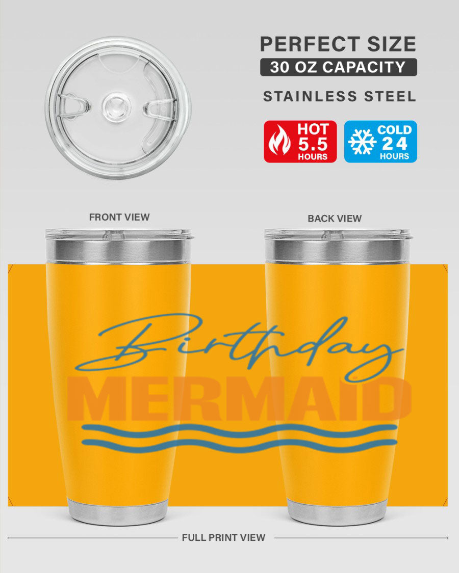 Birthday Mermaid 73# Tumbler featuring vibrant design, double wall vacuum insulation, and stainless steel construction.