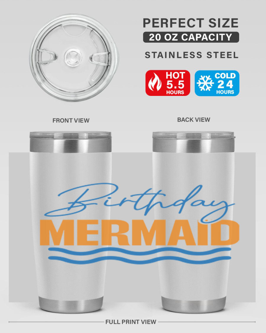 Birthday Mermaid 73# Tumbler featuring vibrant design, double wall vacuum insulation, and stainless steel construction.