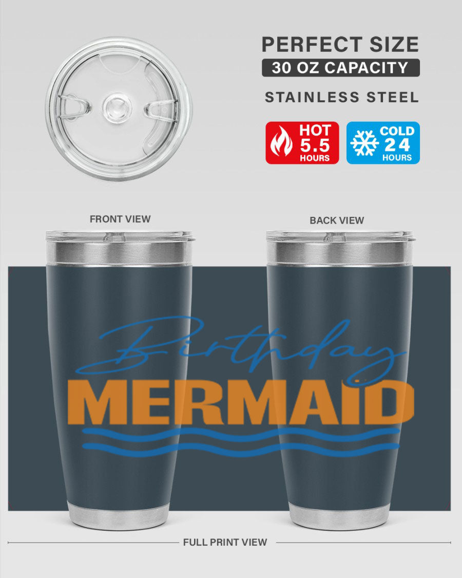 Birthday Mermaid 73# Tumbler featuring vibrant design, double wall vacuum insulation, and stainless steel construction.