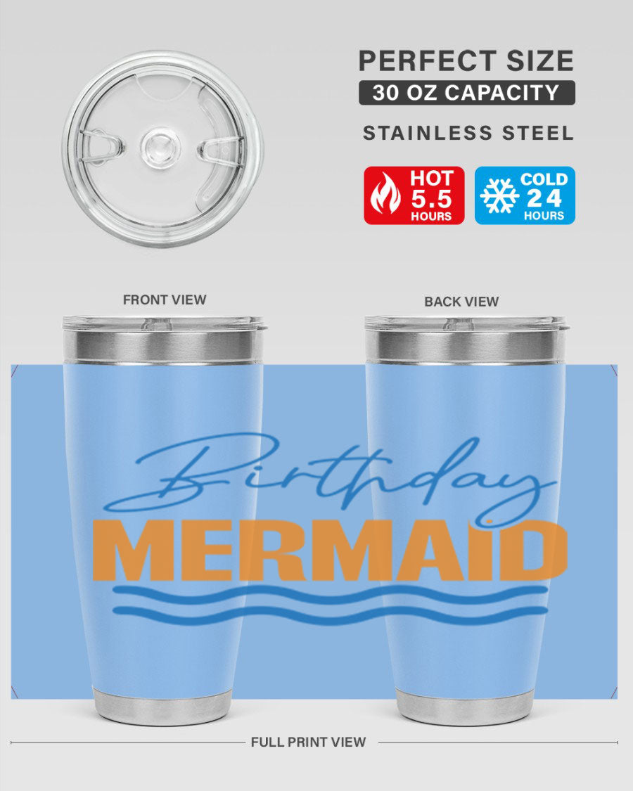 Birthday Mermaid 73# Tumbler featuring vibrant design, double wall vacuum insulation, and stainless steel construction.