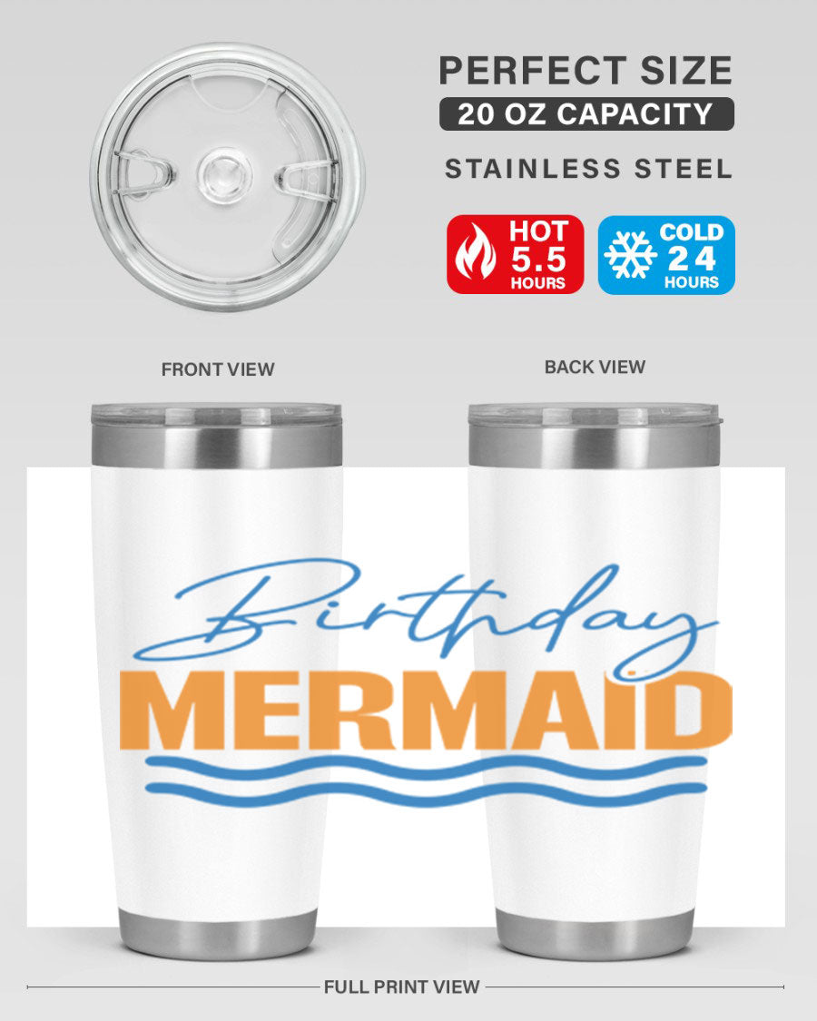 Birthday Mermaid 73# Tumbler featuring vibrant design, double wall vacuum insulation, and stainless steel construction.