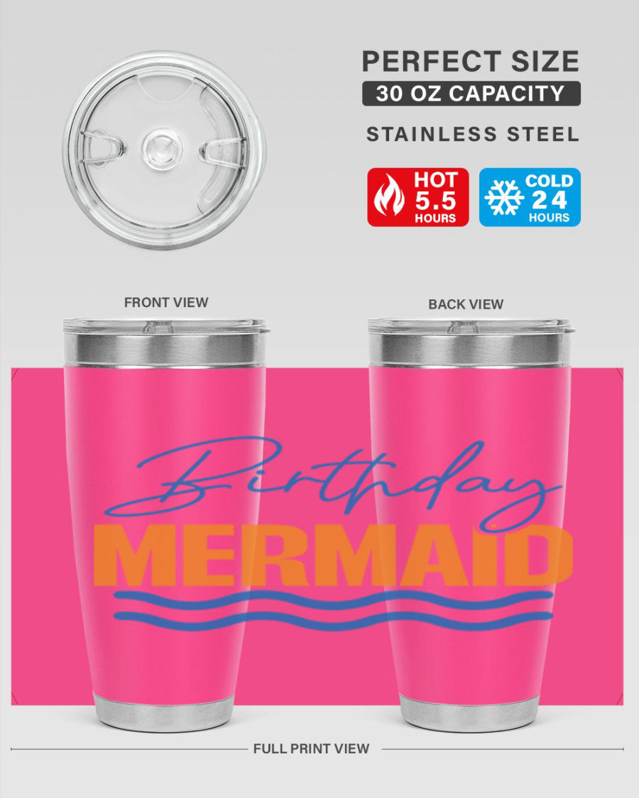 Birthday Mermaid 73# Tumbler featuring vibrant design, double wall vacuum insulation, and stainless steel construction.