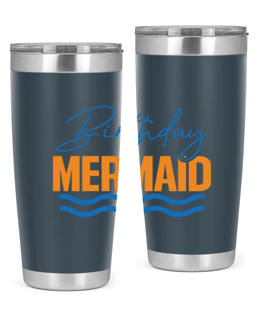 Birthday Mermaid 73# Tumbler featuring vibrant design, double wall vacuum insulation, and stainless steel construction.