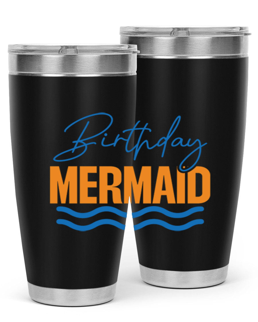 Birthday Mermaid 73# Tumbler featuring vibrant design, double wall vacuum insulation, and stainless steel construction.