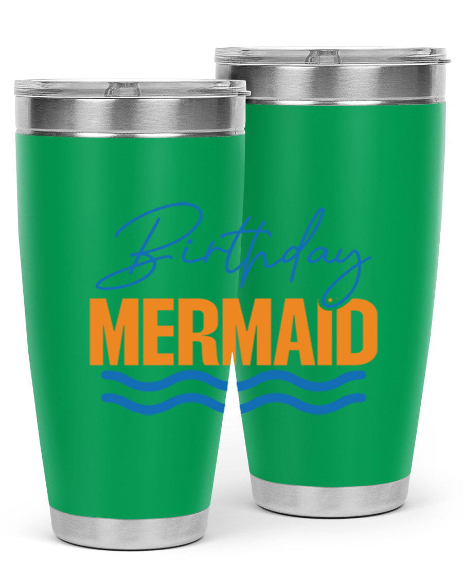 Birthday Mermaid 73# Tumbler featuring vibrant design, double wall vacuum insulation, and stainless steel construction.