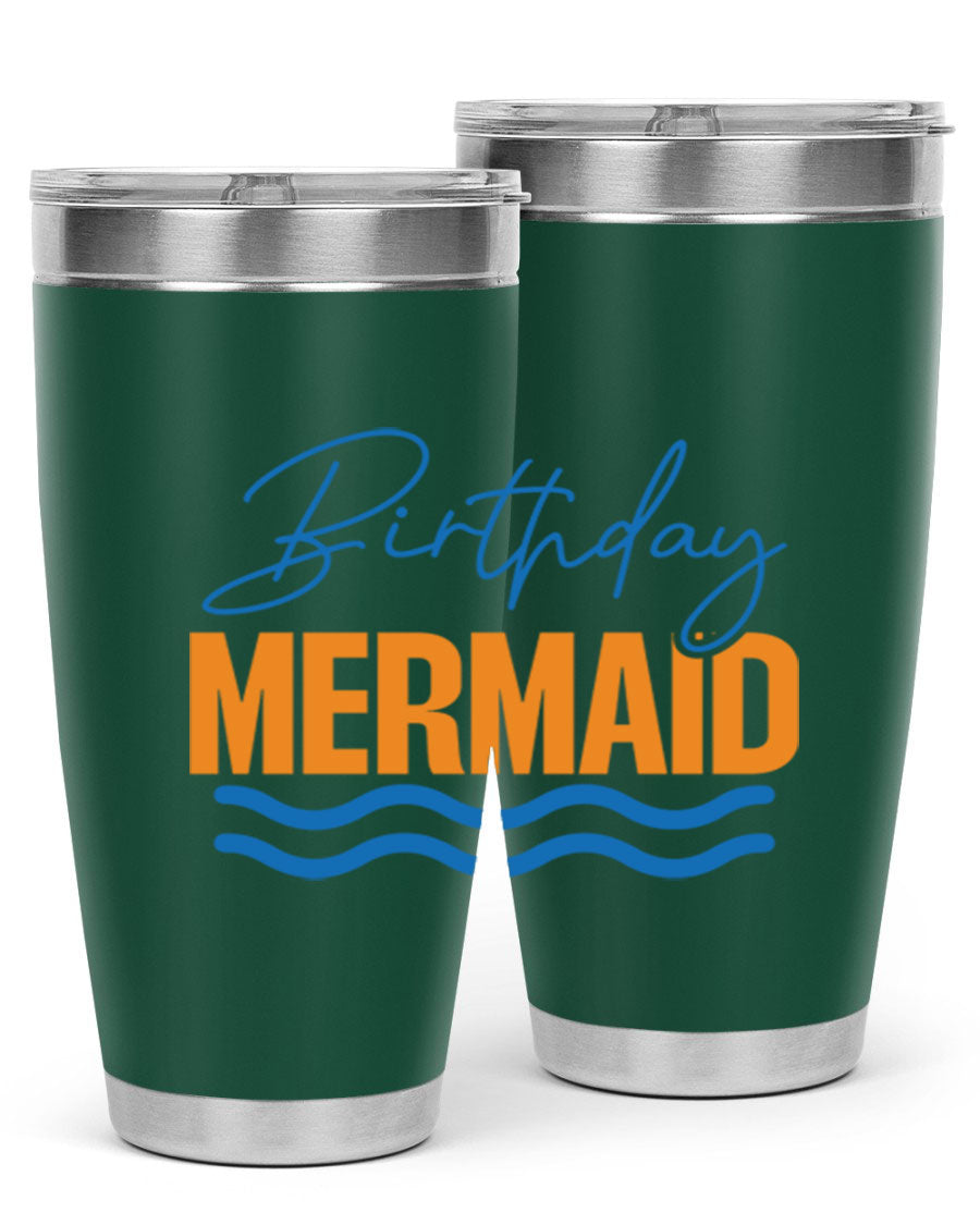 Birthday Mermaid 73# Tumbler featuring vibrant design, double wall vacuum insulation, and stainless steel construction.