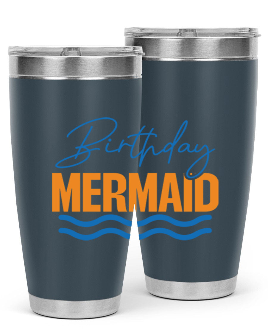 Birthday Mermaid 73# Tumbler featuring vibrant design, double wall vacuum insulation, and stainless steel construction.