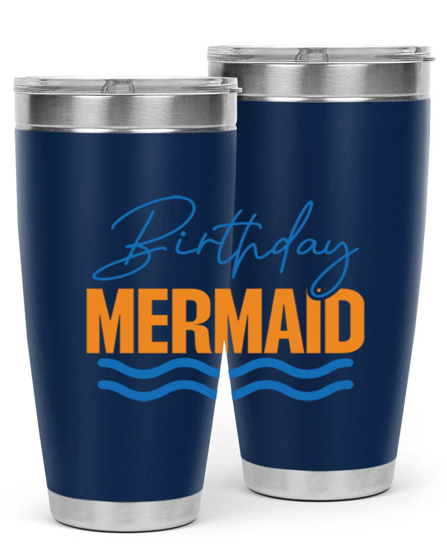 Birthday Mermaid 73# Tumbler featuring vibrant design, double wall vacuum insulation, and stainless steel construction.