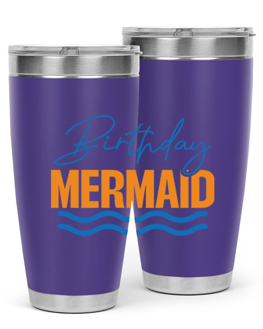 Birthday Mermaid 73# Tumbler featuring vibrant design, double wall vacuum insulation, and stainless steel construction.