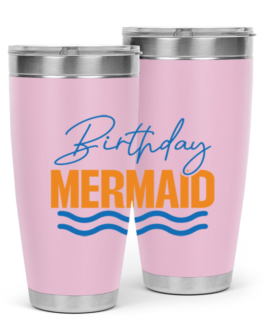 Birthday Mermaid 73# Tumbler featuring vibrant design, double wall vacuum insulation, and stainless steel construction.