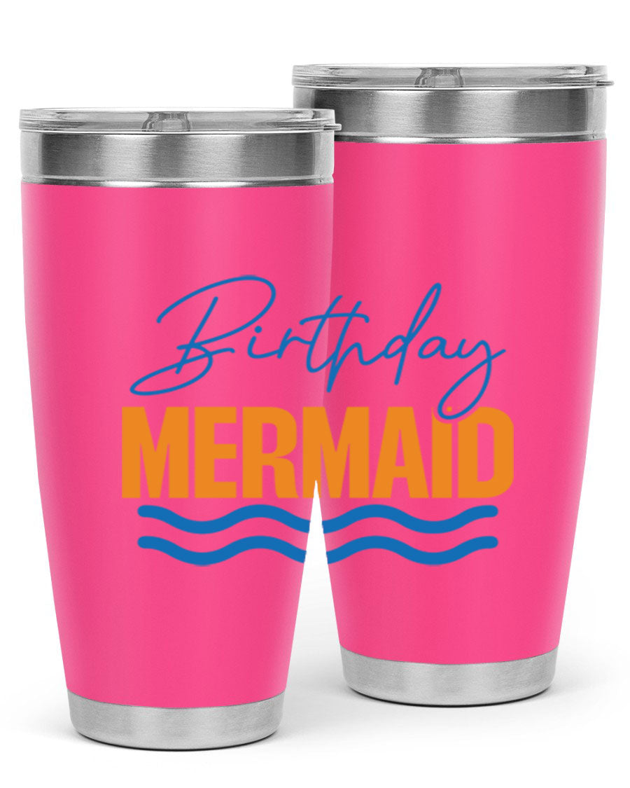 Birthday Mermaid 73# Tumbler featuring vibrant design, double wall vacuum insulation, and stainless steel construction.