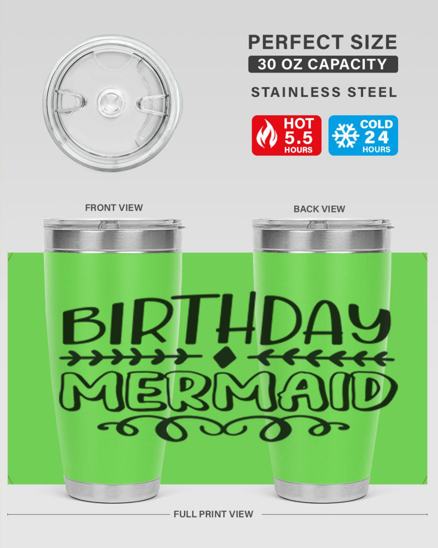 Birthday Mermaid 74# Tumbler in vibrant colors, showcasing its double wall vacuum stainless steel design and drink-thru lid.