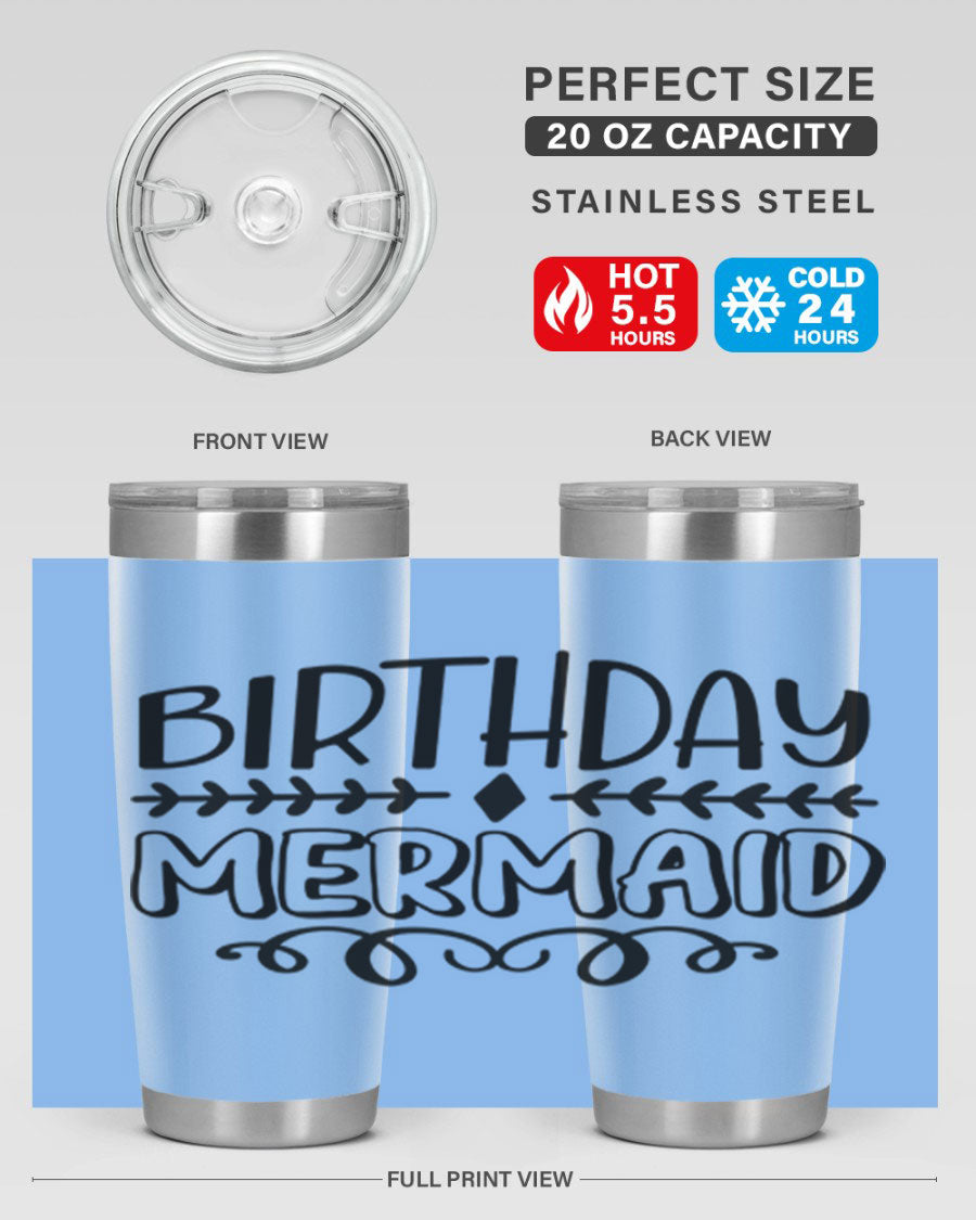 Birthday Mermaid 74# Tumbler in vibrant colors, showcasing its double wall vacuum stainless steel design and drink-thru lid.