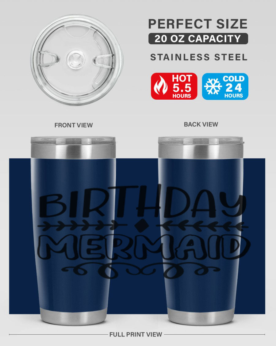 Birthday Mermaid 74# Tumbler in vibrant colors, showcasing its double wall vacuum stainless steel design and drink-thru lid.