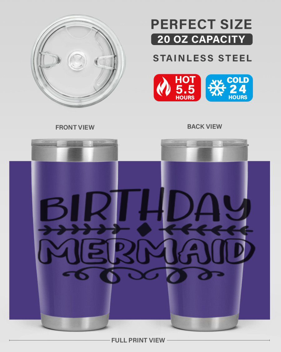 Birthday Mermaid 74# Tumbler in vibrant colors, showcasing its double wall vacuum stainless steel design and drink-thru lid.