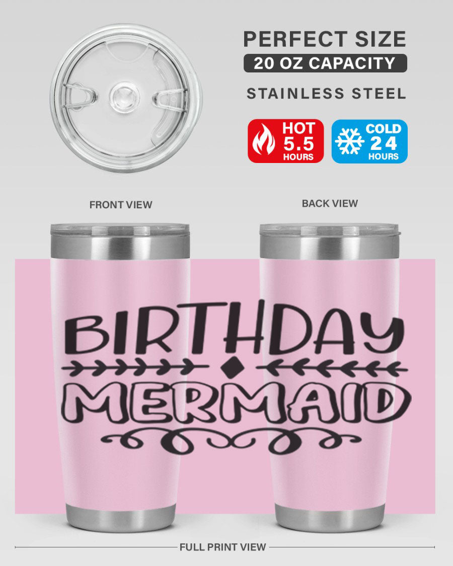 Birthday Mermaid 74# Tumbler in vibrant colors, showcasing its double wall vacuum stainless steel design and drink-thru lid.