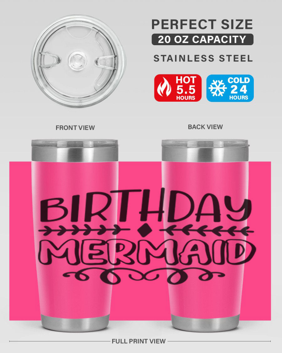 Birthday Mermaid 74# Tumbler in vibrant colors, showcasing its double wall vacuum stainless steel design and drink-thru lid.