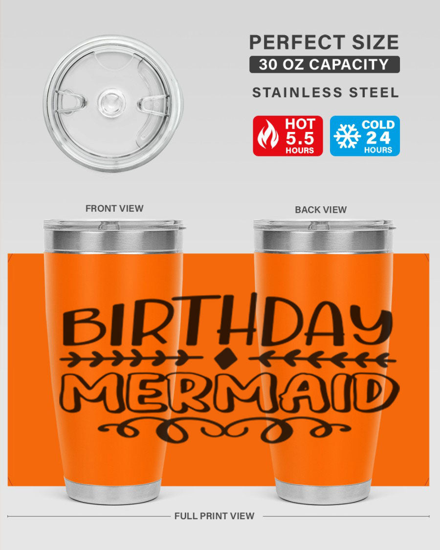 Birthday Mermaid 74# Tumbler in vibrant colors, showcasing its double wall vacuum stainless steel design and drink-thru lid.