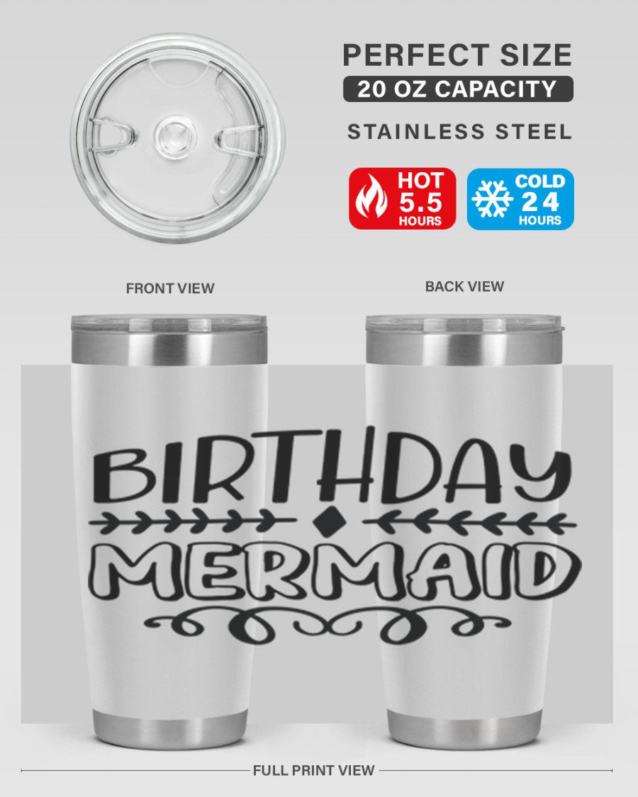 Birthday Mermaid 74# Tumbler in vibrant colors, showcasing its double wall vacuum stainless steel design and drink-thru lid.